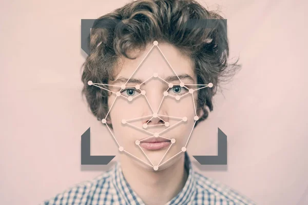 F biometrinen silmä ja kasvot todentaminen teknologia nuori teini poika eristetty käsite — kuvapankkivalokuva