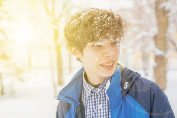 Young male teenager portrait on the forest park during winter season f — Stock Photo, Image
