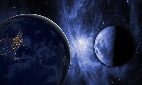 Creative cosmic art. moon and earth in dark space galaxy. Elements of this image furnished by NASA f — Stock Photo, Image