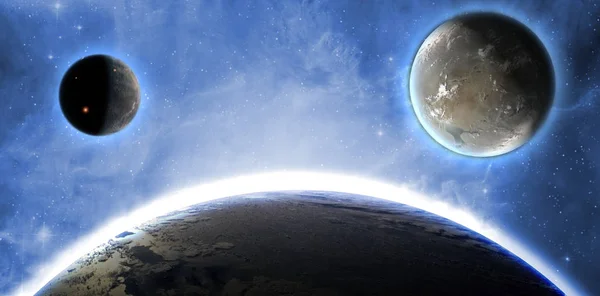 创造性的行星漂浮在地球轨道 b. b 星系附近的空地上。美国宇航局提供的这张图片的元素 — 图库照片