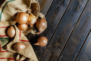 Tahta yüzey B 'de el ele tutuşan taze soğan bezi torbası.