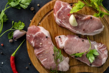 ahşap bir dilimleme veya kesme tahtası üzerinde baharatlı çiğ et, pişmemiş et bir tuz koymak