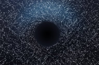 görüntünün merkezinde büyük kara delik, etrafında beyaz bağlı nokta, ağ kavramları