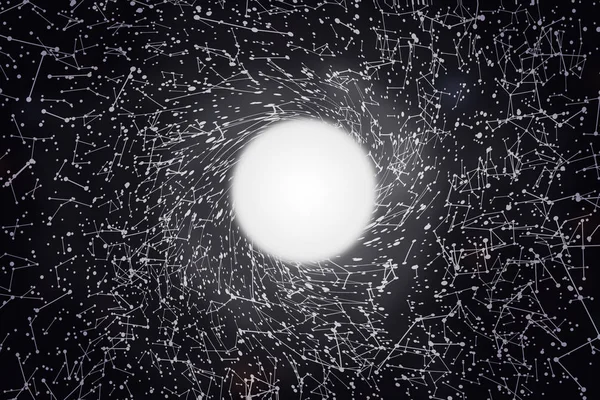 Масивна чорна діра в центрі зображення, білі пов'язані точки навколо нього, концепції мережі — стокове фото