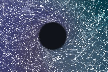 görüntünün merkezinde büyük kara delik, etrafında beyaz bağlı nokta, ağ kavramları