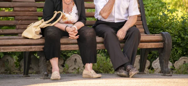 Unidentified people sit on a wooden bench in the green park, chatting in a public places — Stock Photo, Image