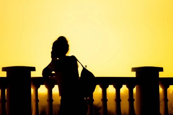 Silueta de la gente mirando el paisaje de la ciudad durante la puesta del sol en horas doradas —  Fotos de Stock