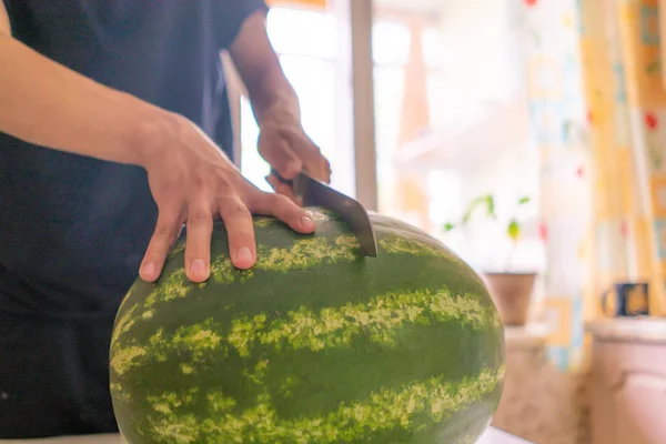 Beskäras skott av person skära vattenmeloner i köket hemma — Stockfoto
