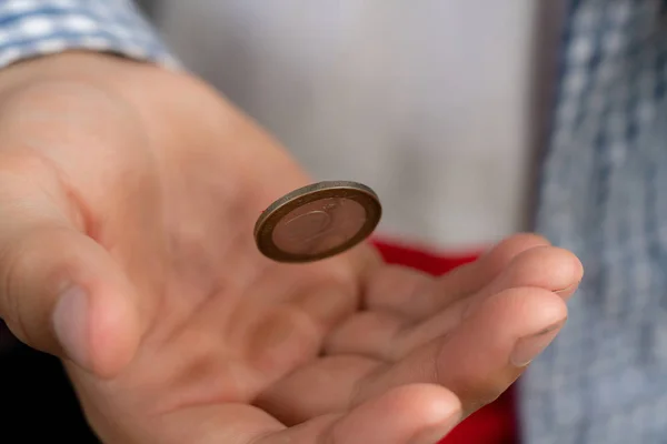 Close Shot Hand Toss Coin Probable Winning Chances Concept Fifty — Stock Photo, Image