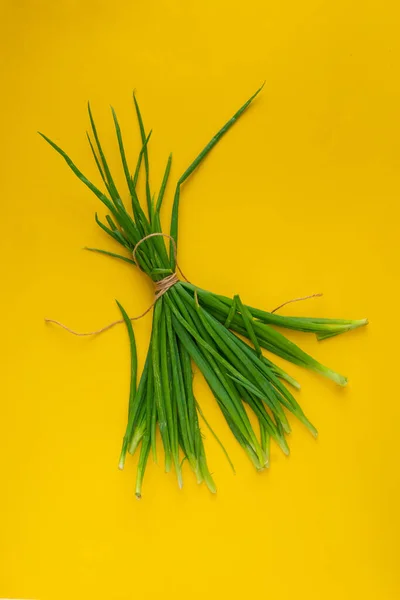 Bunch Green Onion Herb Yellow Background Thread — Stock Photo, Image