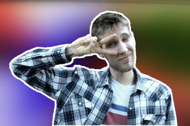 Çizgi roman tarzı gülümseyen mutlu erkek portresi, yaratıcı fikirler.