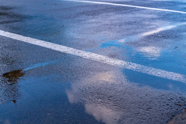 Close Wet Roadway Traffic Territory Puddles Rain — 스톡 사진