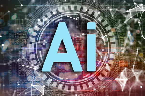 Icono de texto de palabra de inteligencia artificial abstracta, con conexión global de red, tecnología de innovaciones — Foto de Stock