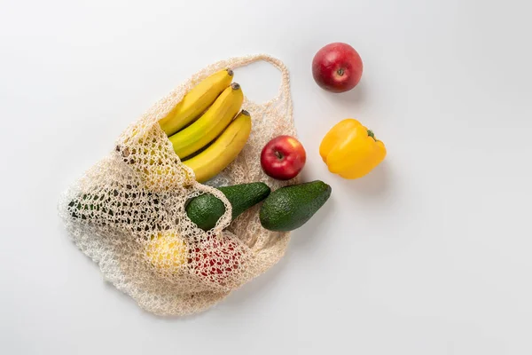 Saco Pano Têxtil Moderno Com Frutas Material Reutilizável Para Produtos — Fotografia de Stock
