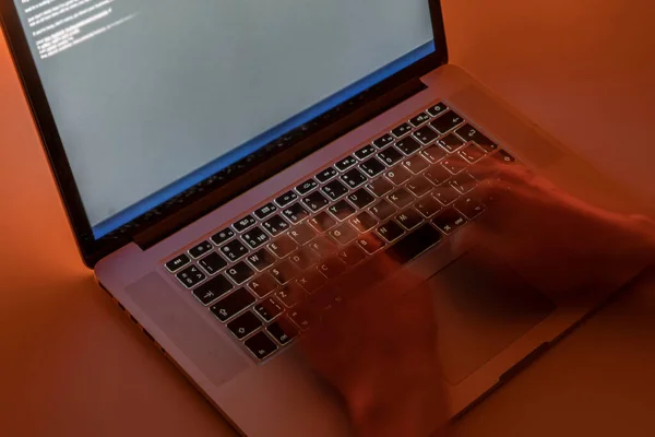 Working Late Night Hands Typing Text Laptop Keyboard Motion Blur — Stock Photo, Image