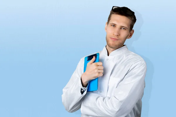 Portrait Confident Young Male Doctor White Medical Uniform Isolated Copy — Stock Photo, Image