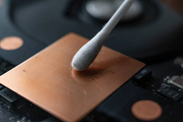 Makro widok usuwania kurzu z płyty mikroprocesorowej przy użyciu pączka bawełnianego — Zdjęcie stockowe