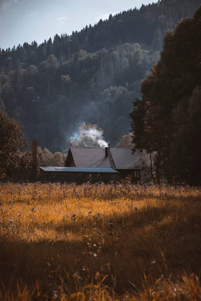 Herbstzauber Auf Dem Rasen Der Nähe Der Berge Mit Rauch — Stockfoto