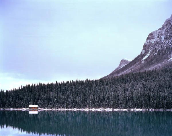 Pintoresco Lago Louise Con Cabaña Madera Bosques Pinos Nevados —  Fotos de Stock