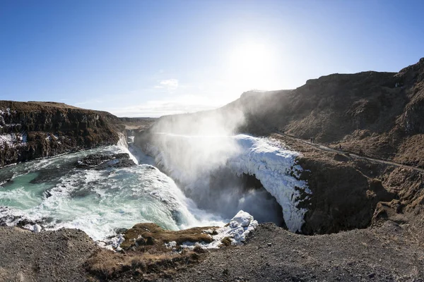 Водопад Gullfoss Ярком Солнечном Свете Зимой — стоковое фото