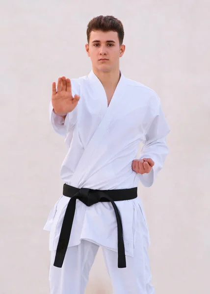 Teenager Chlapec Karate Expert Cvičení Bojové Pozice — Stock fotografie