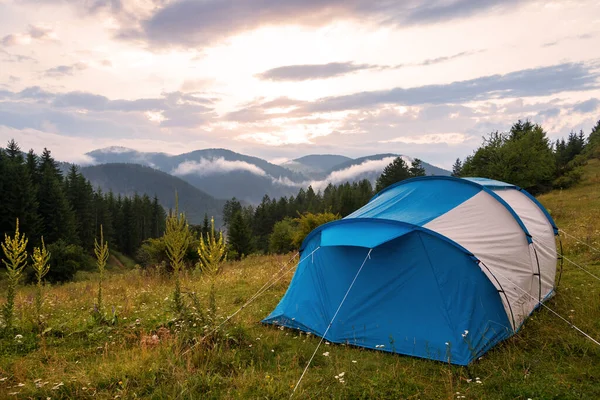 Landskap Landskap Landskap Camping Tält Gräsplan Med Bakgrund Skog Och — Stockfoto