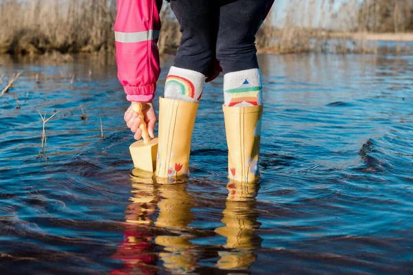 Child Feet Rain Boots Water Spade Playing — Stock Photo, Image