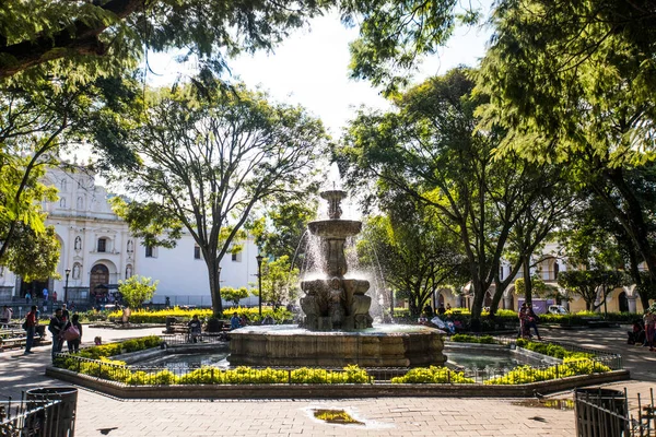 Fuente Agua Parque Central Plaza Mayor Antigua Guatemala — Foto de Stock