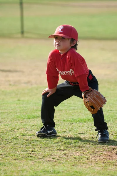 野外での準備の整った位置にTball野球選手 — ストック写真