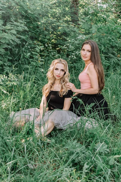 Две Красивые Девушки Лежат Траве — стоковое фото