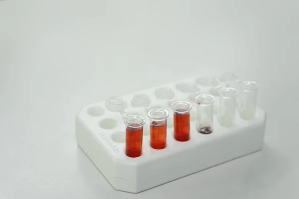Technik Laboratoryjny Wstrzykuje Czerwony Płyn Płytki Mikrobiologicznej — Zdjęcie stockowe