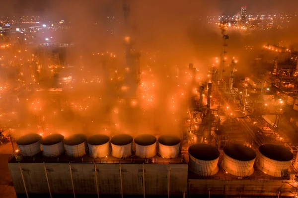 Aerial View Refinery Steam Glowing Orange Night — Stock Photo, Image