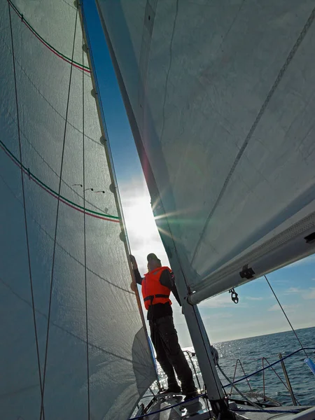 Mężczyzna Sprawdza Swój Spinaker Żagiel Podczas Żeglowania Islandii — Zdjęcie stockowe