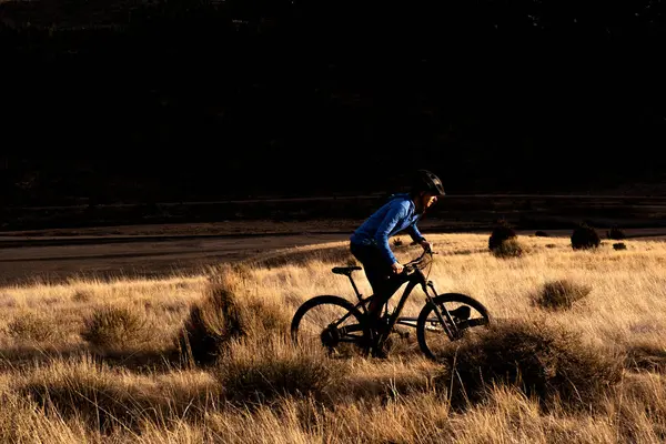 日没時の女性シルエットマウンテンバイク — ストック写真