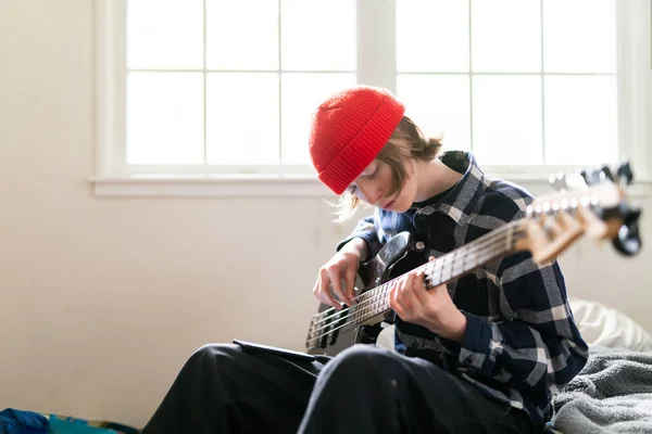 Young Teen Boy Playing Guitar His Room — Stock Photo, Image