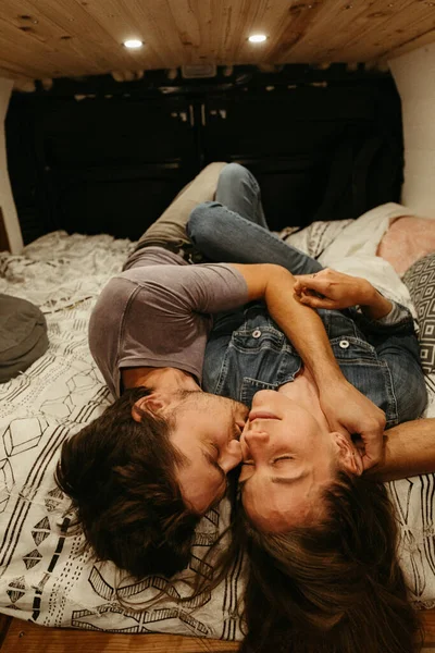 Intimate Moment Newly Engaged Couple Lay Bed Together Kiss — Stock Photo, Image