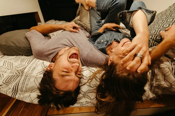 Engaged Couple Relax Laugh Lying Upside Van Bed — Stock Photo, Image