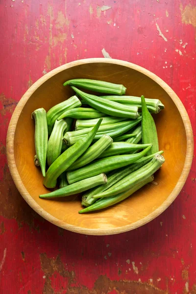 Okra Bowl Red Table — Stock Photo, Image