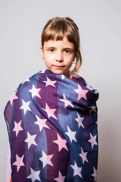 Beautiful Portrait Year Old Blonde Girl Wrapped American Flag — Stock Photo, Image