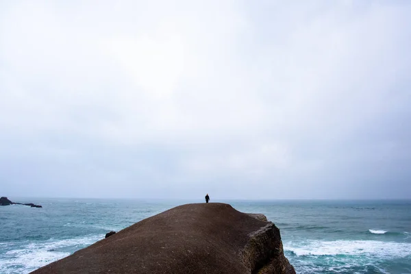 Rear View Person Standing Seashore Cloudy Day — Stock Photo, Image