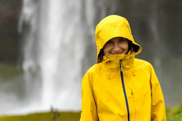 Young Female Hiker Hiding Hood Heavy Summer Rain — Stock Photo, Image