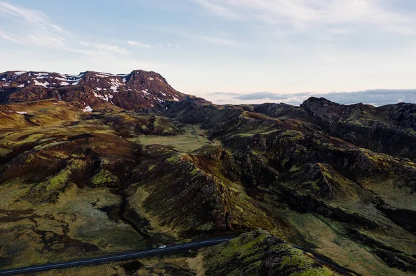 Lélegzetelállító Légi Kilátás Hegyekben Reggel Hátterében Kék Reykjavik — Stock Fotó