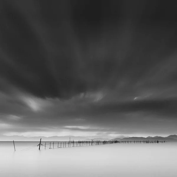 Long Exposure Shot Wooden Sticks Water Lake Biwa Shiga Prefecture — 图库照片