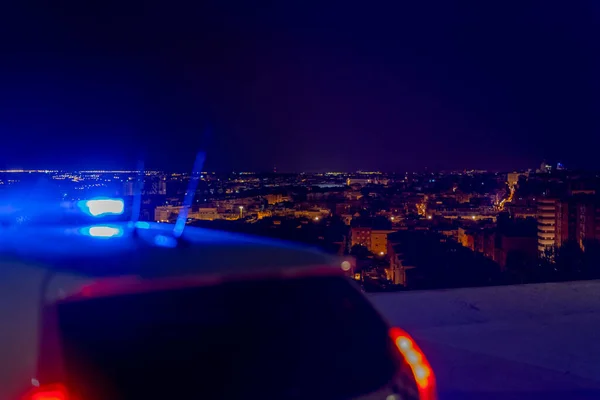 Carro Polícia Com Cidade Fundo — Fotografia de Stock
