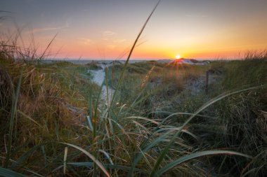 St. Peter-Ording, Almanya Kuzey Denizi Beach kumulları gün batımı