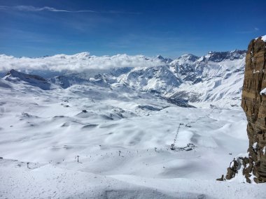 Panoramik Plato Rosa (İsviçre) güneşli bir öğleden sonra görülen İtalya Breuil-Cervinia kayak bölgesine