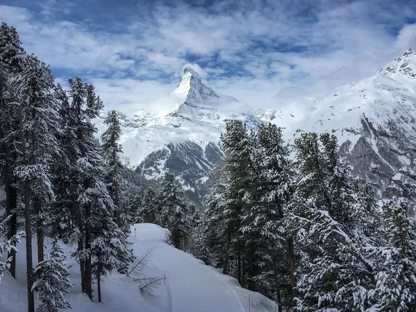 ツェルマット スイスで雪に覆われた木と雲と青空の前にマッターホルン山 — ストック写真