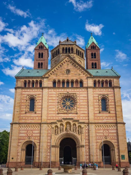 Westelijke Gevel Hoofdingang Van Historische Speyer Kathedraal Duitsland Met Incidentele — Stockfoto