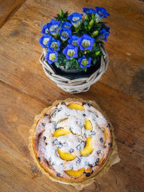 Mavi yılan otu çiçek ahşap bir sekmede ile kayısı böğürtlenli kek