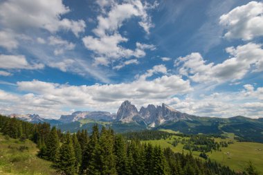 Alpe di Siusi - Seiser Alm ve Sassolungo - Langkofel dağ grubu mavi gökyüzünün önünde bulutlu. Yaz boyunca kayak merkezindeki yeşil çimen tepelerinin panoramik manzarası, Dolomitler, Trentino Alto Adige, Güney Tyrol, İtalya